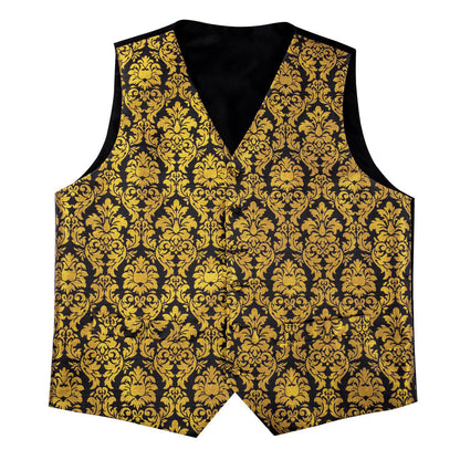 Luxury Black Golden Floral Jacquard Silk Vest Set vest set    - Sophisticated Gentlemen
