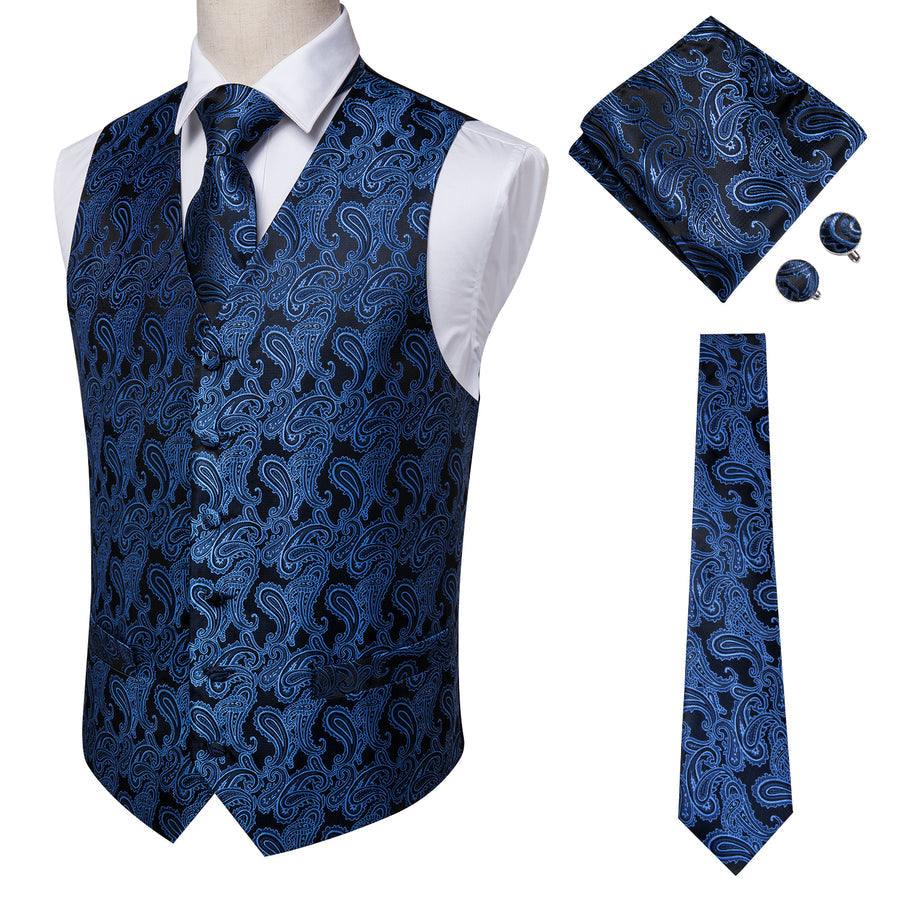 Luxury Black Blue Paisley Jacquard Silk Vest Set vest set    - Sophisticated Gentlemen