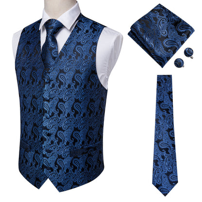 Luxury Black Blue Paisley Jacquard Silk Vest Set vest set    - Sophisticated Gentlemen