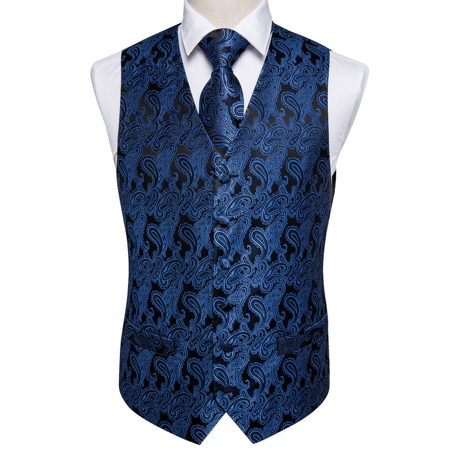 Luxury Black Blue Paisley Jacquard Silk Vest Set vest set    - Sophisticated Gentlemen