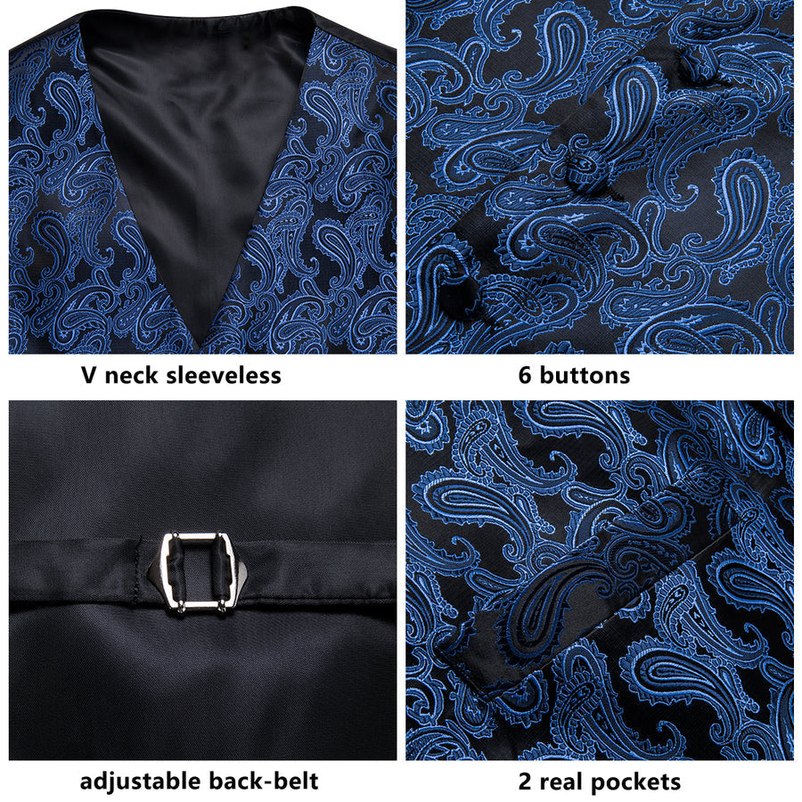 Luxury Black Blue Paisley Jacquard Silk Vest Set vest set    - Sophisticated Gentlemen