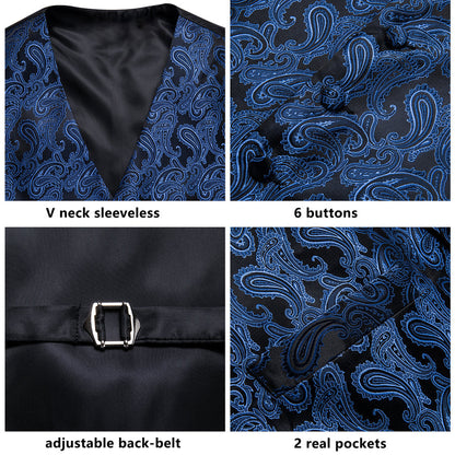 Luxury Black Blue Paisley Jacquard Silk Vest Set vest set    - Sophisticated Gentlemen