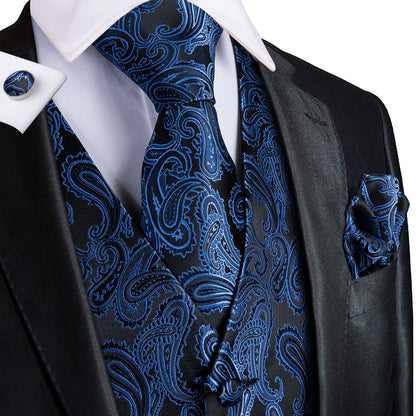 Luxury Black Blue Paisley Jacquard Silk Vest Set vest set S (Chest 40")   - Sophisticated Gentlemen