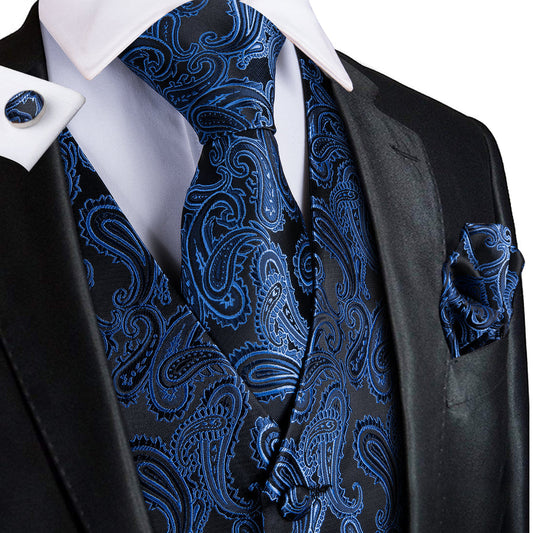 Luxury Black Blue Paisley Jacquard Silk Vest Set vest set S (Chest 40")   - Sophisticated Gentlemen