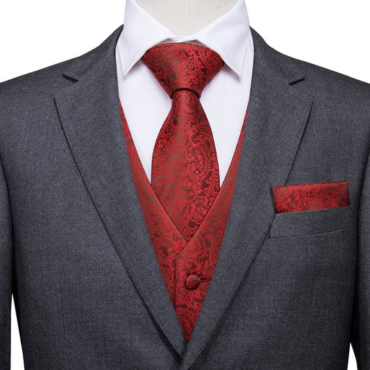 Red Paisley Jacquard Silk Vest Set vest set S (Chest 40")   - Sophisticated Gentlemen