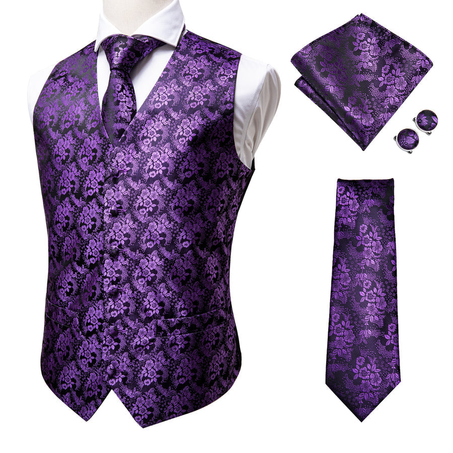 Luxury Purple Paisley Jacquard Silk Vest Set vest set    - Sophisticated Gentlemen
