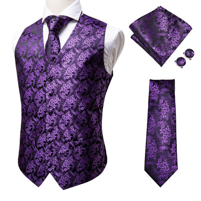 Luxury Purple Paisley Jacquard Silk Vest Set vest set    - Sophisticated Gentlemen