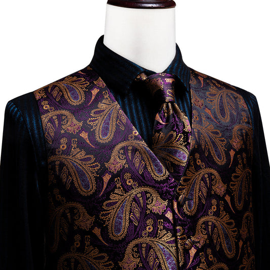 Luxury Purple Brown Paisley Vest Set vest set S (Chest 40")   - Sophisticated Gentlemen