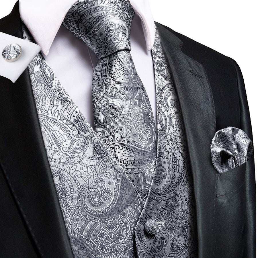 Dark Grey Paisley Vest Set vest set S (Chest 40")   - Sophisticated Gentlemen