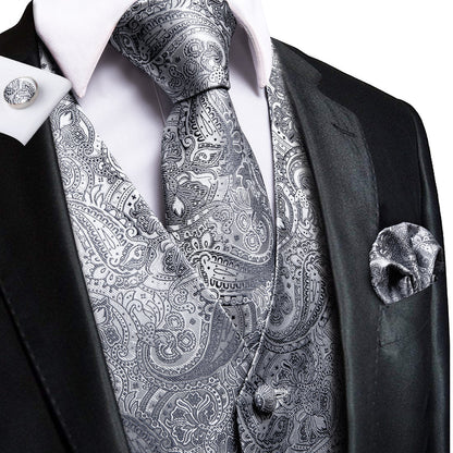 Dark Grey Paisley Vest Set vest set S (Chest 40")   - Sophisticated Gentlemen