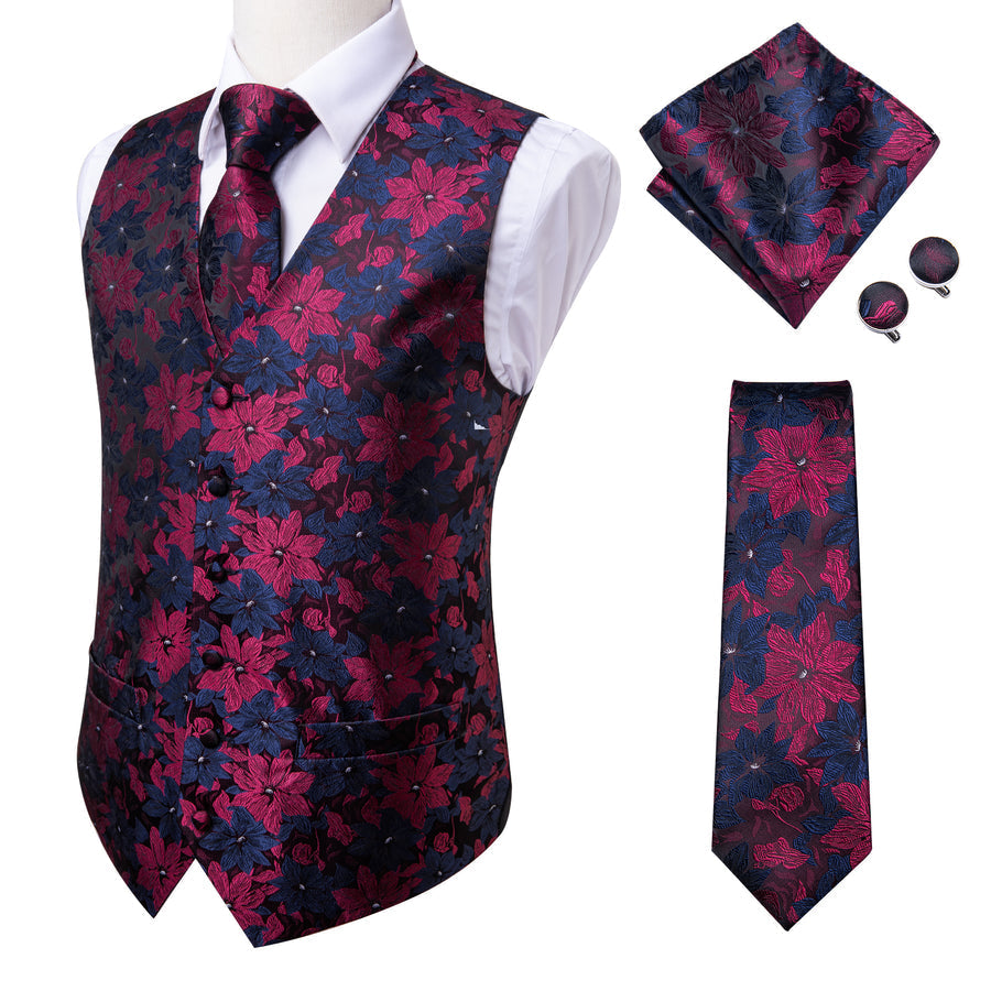 Burgundy Blue Floral Vest Set vest set    - Sophisticated Gentlemen