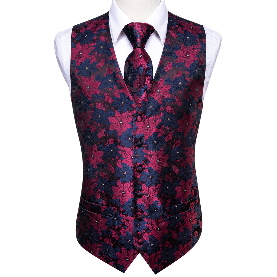Burgundy Blue Floral Vest Set vest set    - Sophisticated Gentlemen