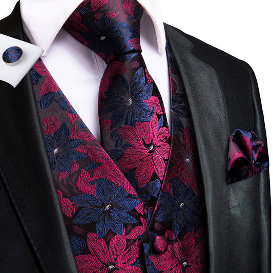 Burgundy Blue Floral Vest Set vest set S (Chest 40")   - Sophisticated Gentlemen
