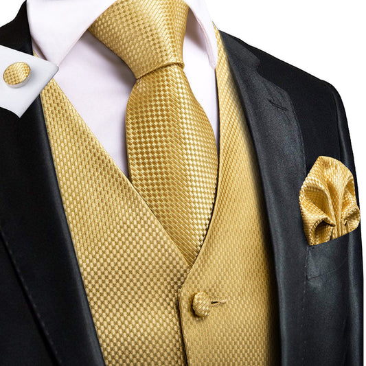 Golden Plaid Jacquard Silk Vest Set vest set S (Chest 40")   - Sophisticated Gentlemen