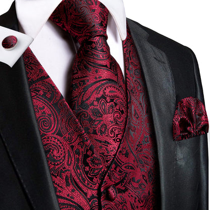 Red and Black Paisley Jacquard Silk Vest Set vest set S (Chest 40")   - Sophisticated Gentlemen
