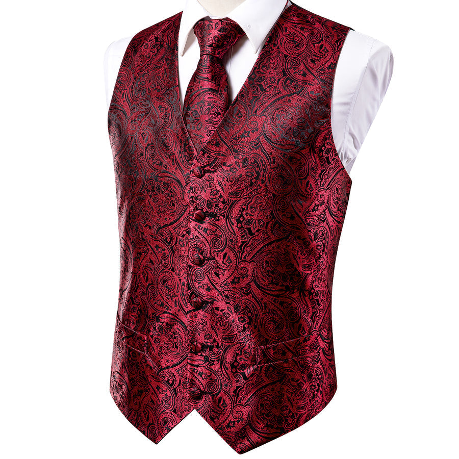 Red and Black Paisley Jacquard Silk Vest Set vest set    - Sophisticated Gentlemen