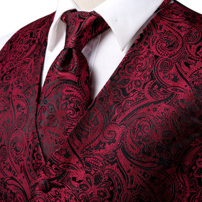Red and Black Paisley Jacquard Silk Vest Set vest set    - Sophisticated Gentlemen