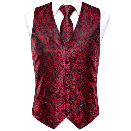 Red and Black Paisley Jacquard Silk Vest Set vest set    - Sophisticated Gentlemen