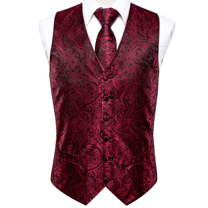 Red and Black Paisley Jacquard Silk Vest Set vest set    - Sophisticated Gentlemen
