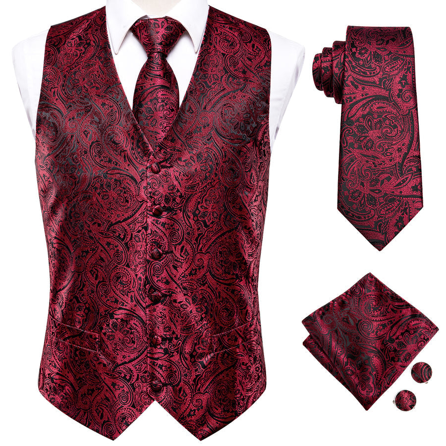 Red and Black Paisley Jacquard Silk Vest Set vest set    - Sophisticated Gentlemen