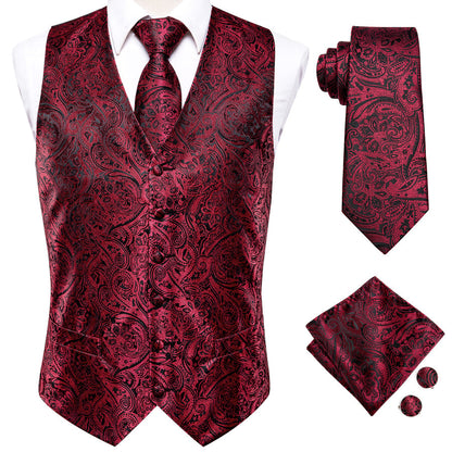 Red and Black Paisley Jacquard Silk Vest Set vest set    - Sophisticated Gentlemen