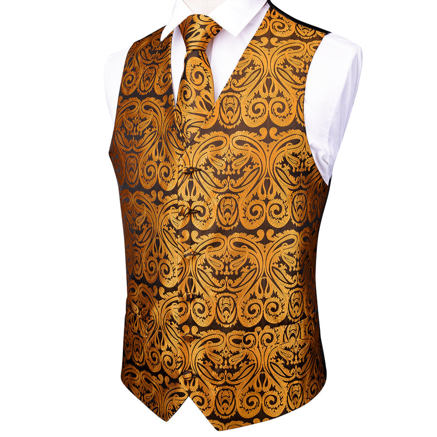 Black Golden Paisley Jacquard Silk Vest Set vest set    - Sophisticated Gentlemen