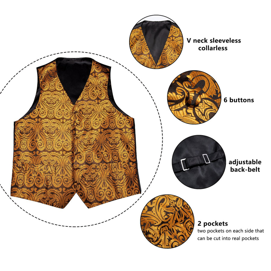 Black Golden Paisley Jacquard Silk Vest Set vest set    - Sophisticated Gentlemen