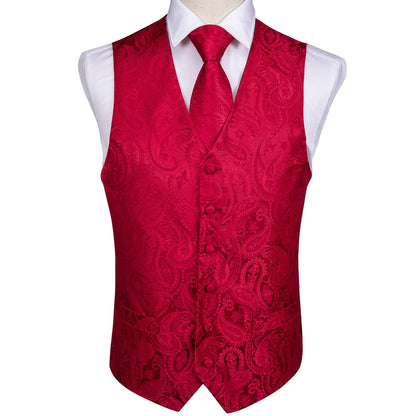 Luxury Red Paisley Silk Vest Set vest set    - Sophisticated Gentlemen