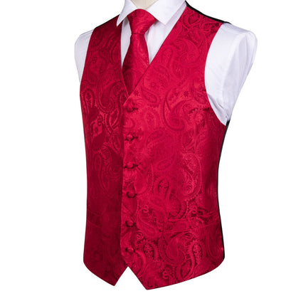 Luxury Red Paisley Silk Vest Set vest set    - Sophisticated Gentlemen