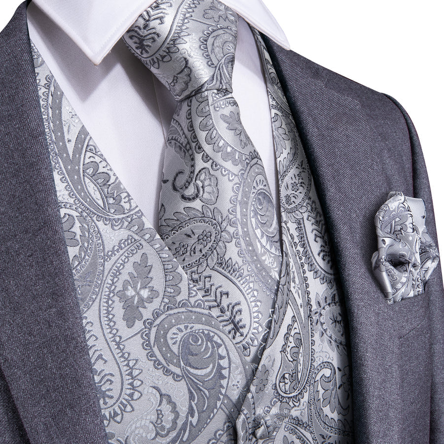 Luxury Silver Paisley Jacquard Silk Vest Set vest set S (Chest 40")   - Sophisticated Gentlemen