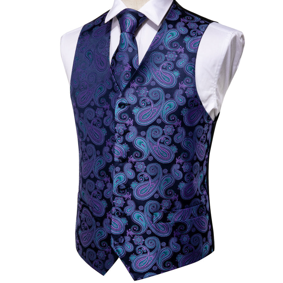 Luxury Blue Purple Paisley Jacquard Silk Vest Set vest set    - Sophisticated Gentlemen