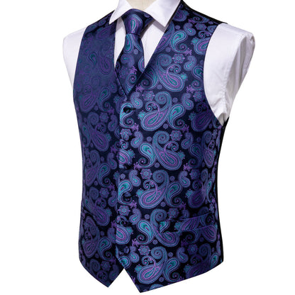 Luxury Blue Purple Paisley Jacquard Silk Vest Set vest set    - Sophisticated Gentlemen