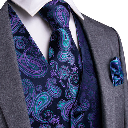 Luxury Blue Purple Paisley Jacquard Silk Vest Set vest set S (Chest 40")   - Sophisticated Gentlemen