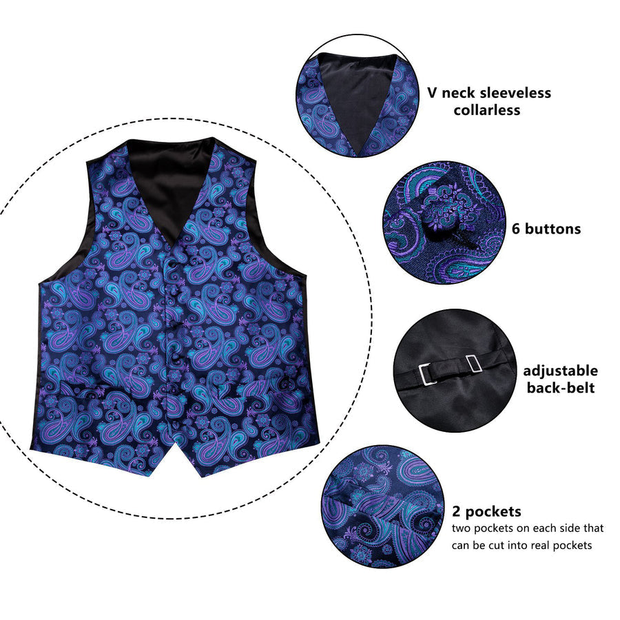 Luxury Blue Purple Paisley Jacquard Silk Vest Set vest set    - Sophisticated Gentlemen