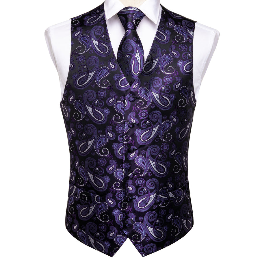 Luxury Black Purple Paisley Jacquard Silk Vest Set vest set    - Sophisticated Gentlemen