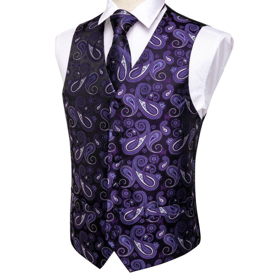 Luxury Black Purple Paisley Jacquard Silk Vest Set vest set    - Sophisticated Gentlemen