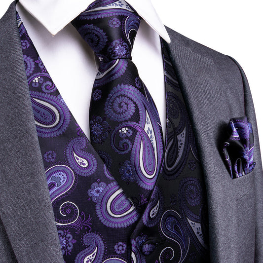 Luxury Black Purple Paisley Jacquard Silk Vest Set vest set S (Chest 40")   - Sophisticated Gentlemen