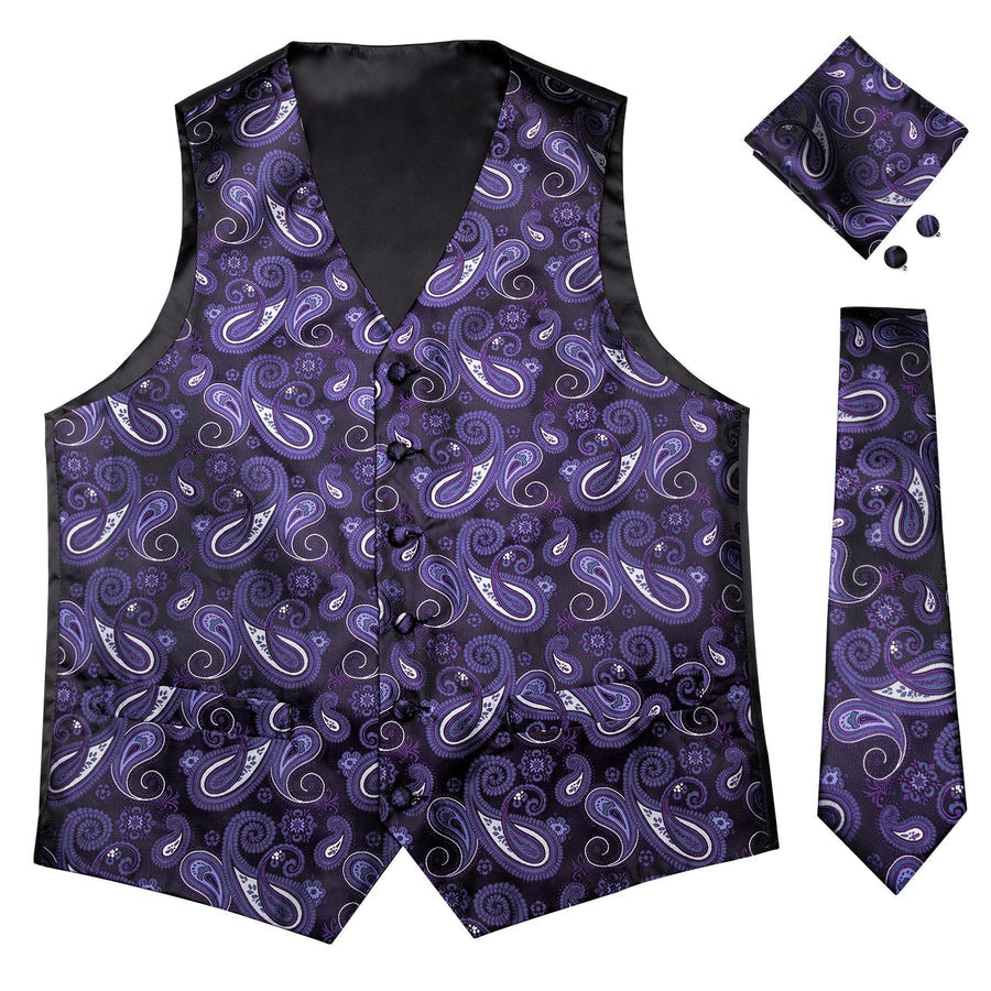 Luxury Black Purple Paisley Jacquard Silk Vest Set vest set    - Sophisticated Gentlemen