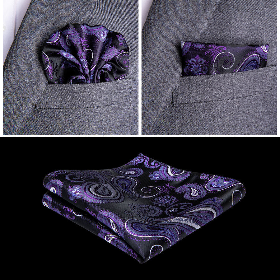Luxury Black Purple Paisley Jacquard Silk Vest Set vest set    - Sophisticated Gentlemen