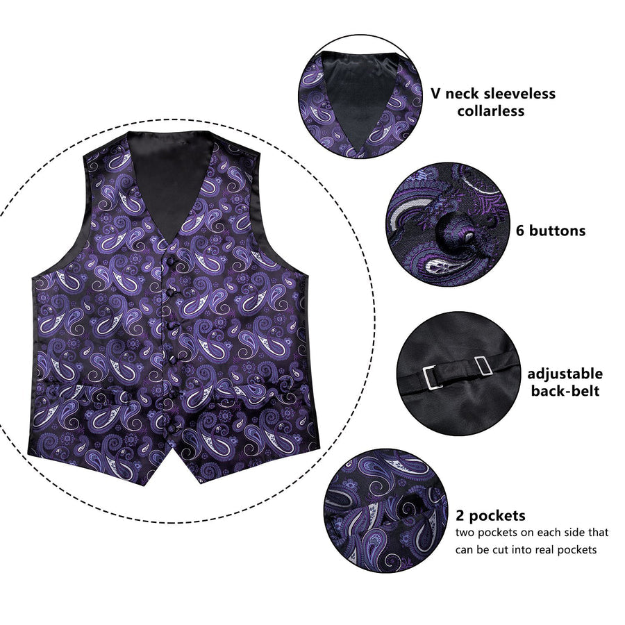 Luxury Black Purple Paisley Jacquard Silk Vest Set vest set    - Sophisticated Gentlemen