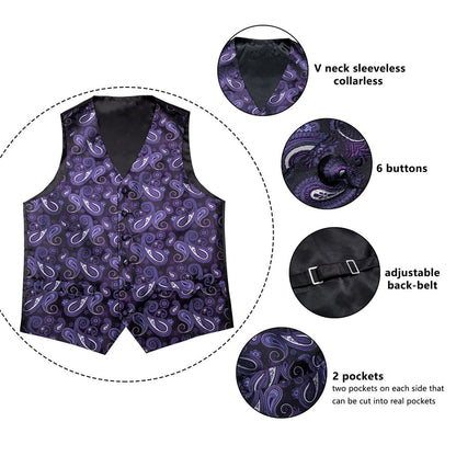 Luxury Black Purple Paisley Jacquard Silk Vest Set vest set    - Sophisticated Gentlemen