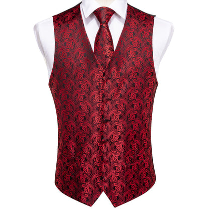 Luxury Black Red Paisley Jacquard Silk Vest Set vest set    - Sophisticated Gentlemen