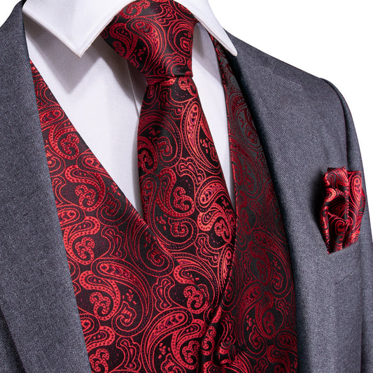 Luxury Black Red Paisley Jacquard Silk Vest Set vest set S (Chest 40")   - Sophisticated Gentlemen