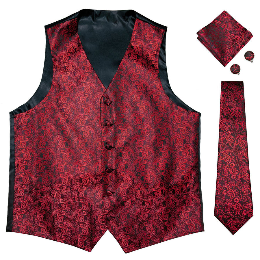 Luxury Black Red Paisley Jacquard Silk Vest Set vest set    - Sophisticated Gentlemen