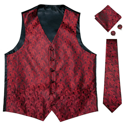 Luxury Black Red Paisley Jacquard Silk Vest Set vest set    - Sophisticated Gentlemen