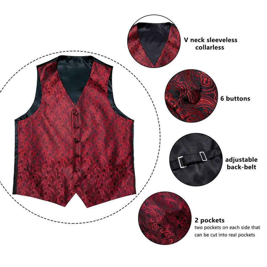 Luxury Black Red Paisley Jacquard Silk Vest Set vest set    - Sophisticated Gentlemen