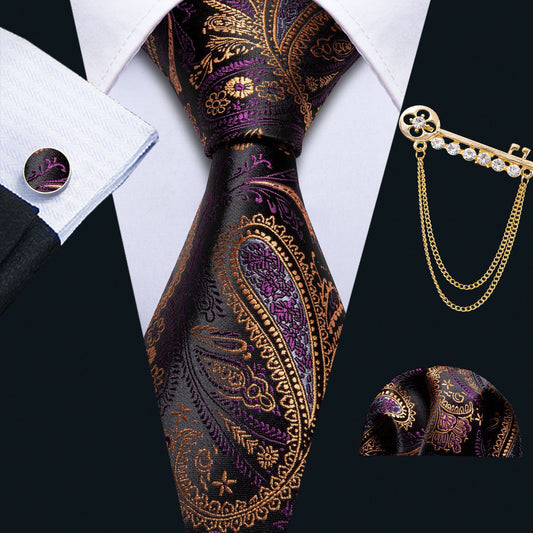 Classic Yellow Purple Black Paisley Tie, Pocket Square and Cufflinks Set with Lapel Pin Brooch tie sets    - Sophisticated Gentlemen