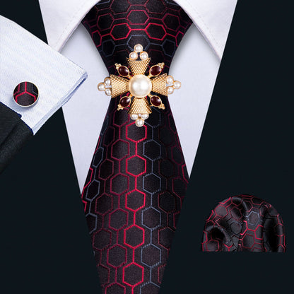Black Red Geometric Plaid Silk Tie, Pocket Square and Cufflinks Set with Brooch tie sets    - Sophisticated Gentlemen