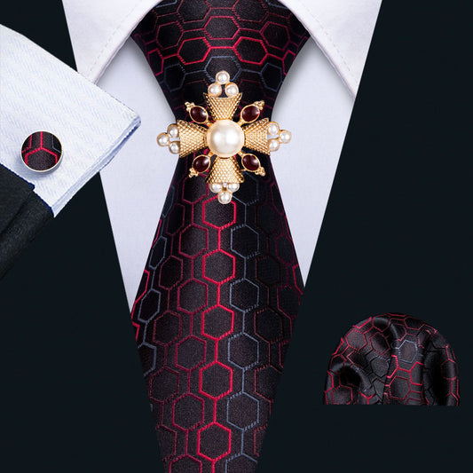 Black Red Geometric Plaid Silk Tie, Pocket Square and Cufflinks Set with Brooch tie sets    - Sophisticated Gentlemen