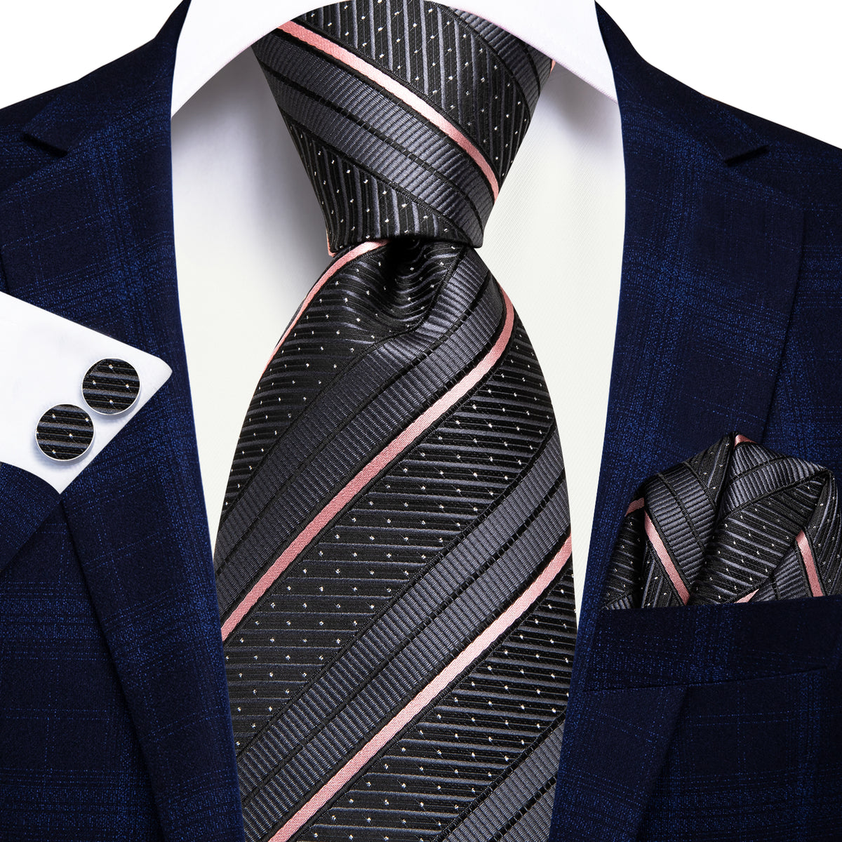 Gray and Pink Striped Silk Tie, Pocket Square and Cufflinks tie sets    - Sophisticated Gentlemen